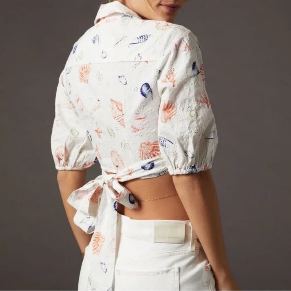 Anthropologie White and Orange Pajama Set with Whimsical Design Seashells Sea M2 - Picture 7 of 10